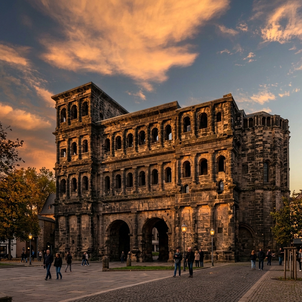 Die imposante Porta Nigra in Trier im warmen Abendlicht